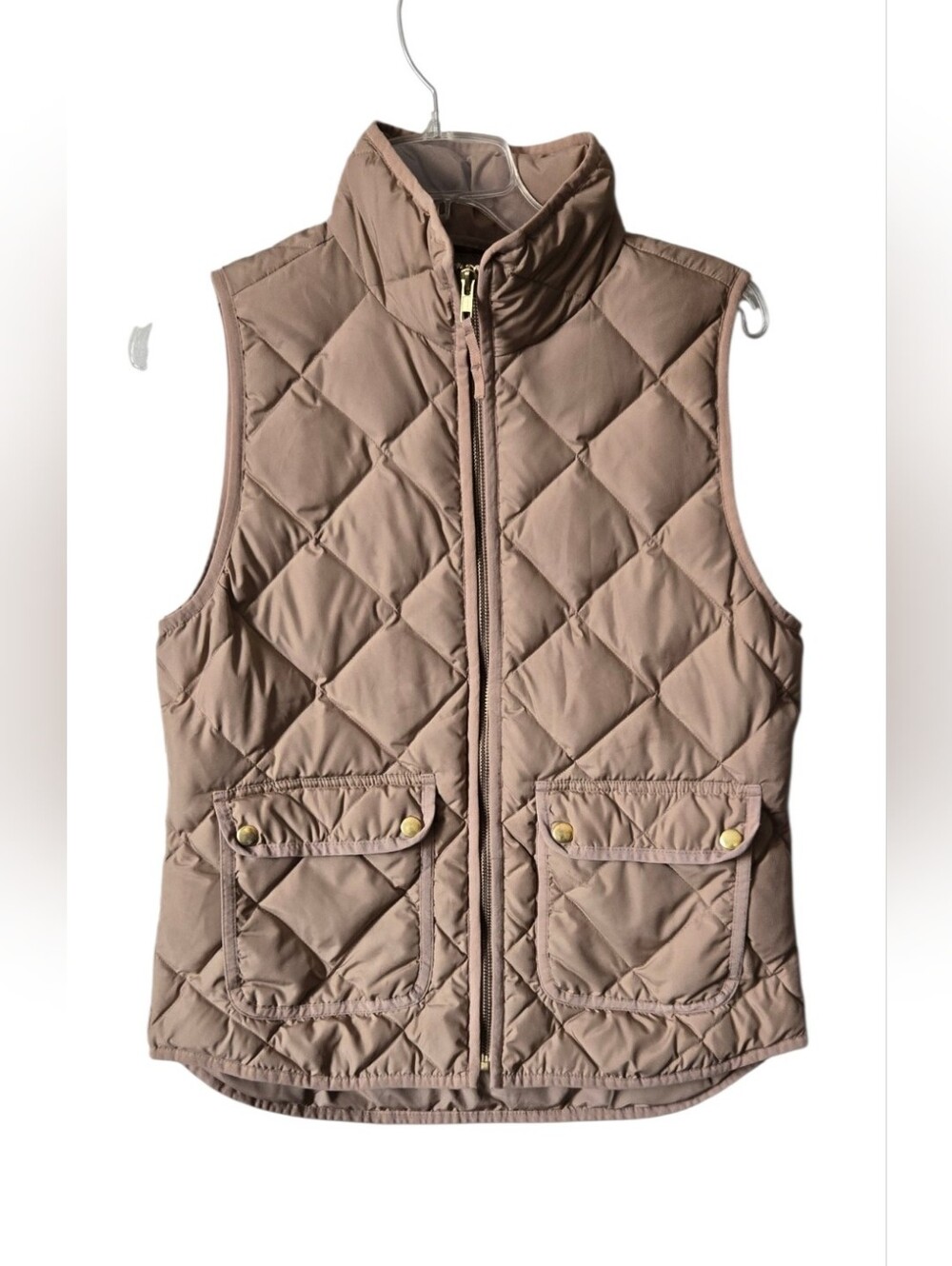 J.Crew Quilted Vest Small Tan Beige Taupe Diamond Snap Pockets Full Zip Layering